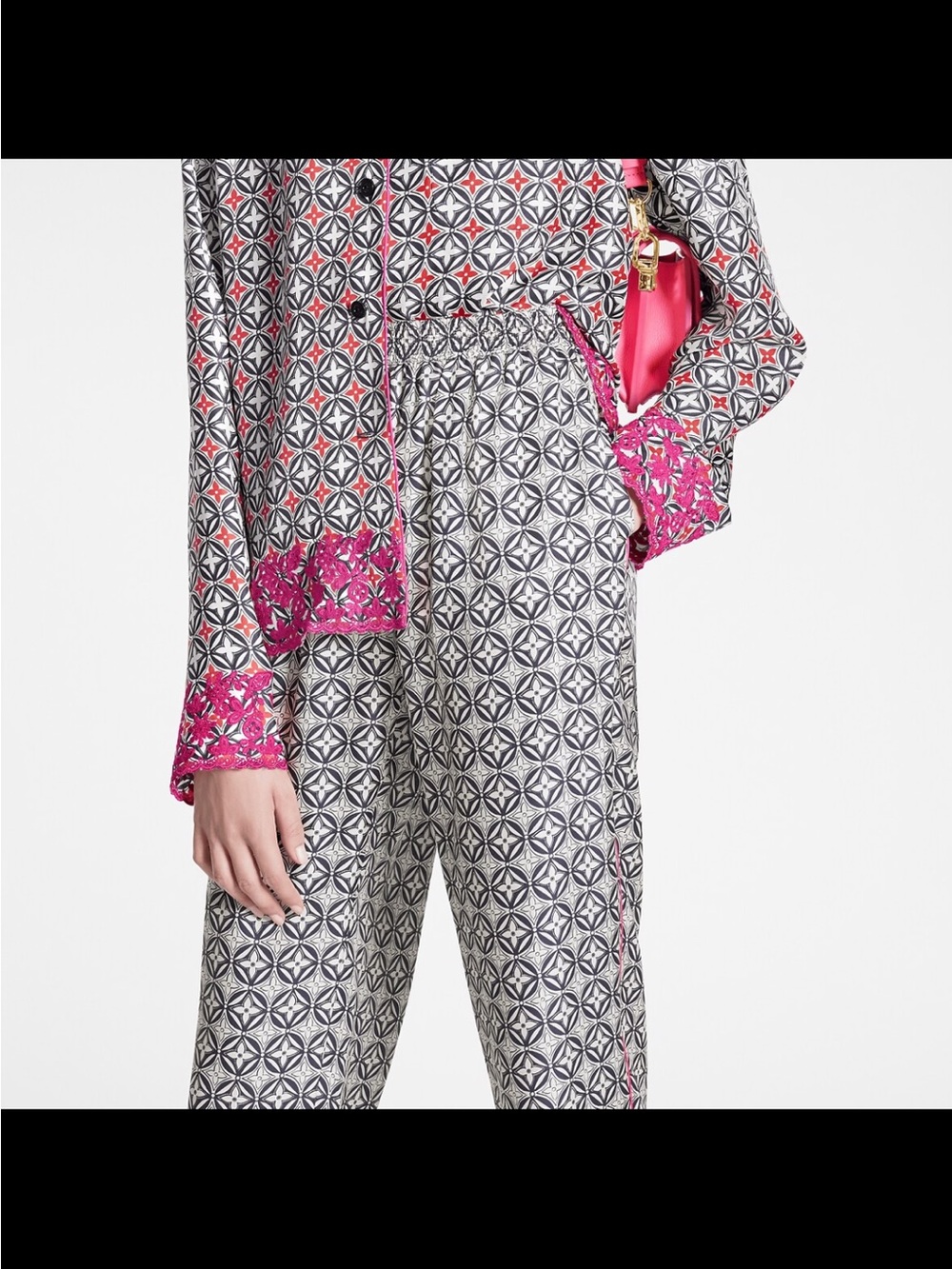 Louis Vuitton Black & White Geometric Straight-Leg Pants with Pink Hem